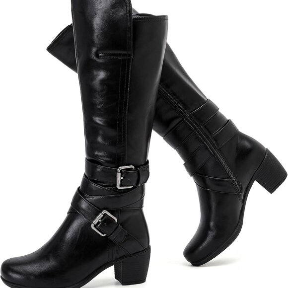Women's Black Lpu 303 Knee High Boots with Chunky Heel - Picture 1 of 6